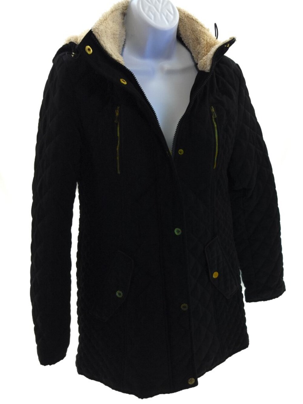 Laundry by Shelli Segal Black Quilted Faux Fur Hood Coat Women's Small
